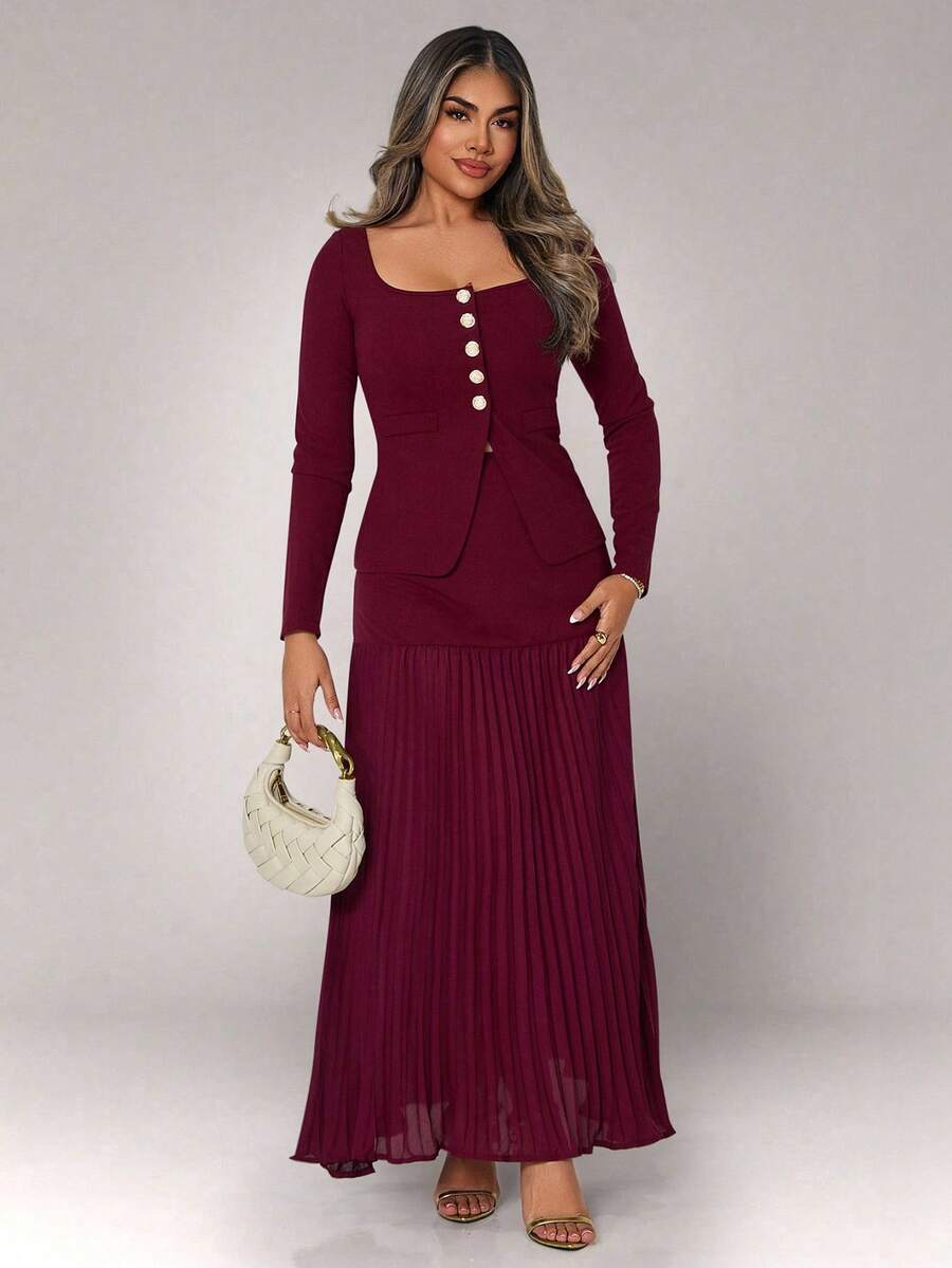 Xyvia 2pcs Women Set: Solid Color Button Front Top And Pleated Skirt Fall Cloth For Women - Burgundy - View 1