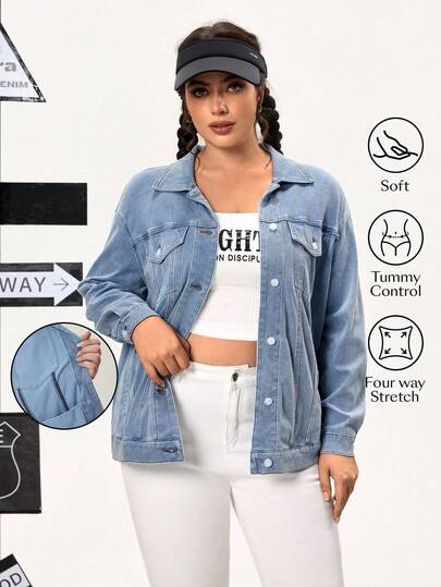 Flexra Plus Size Women Casual Vacation Soft Fabric Light Blue Elastic Knit Denim Jacket