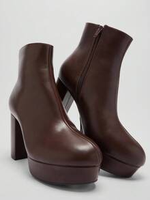 Solezae Botas Femininas Casuais De Salto Bloco Com Plataforma E Zíper - Castanho - Ver 6