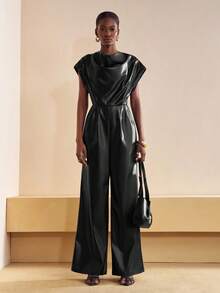 Zivah Black,Autumn,Elegant,Evening PU Jumpsuit,Women's Street Draped Neck Jumpsuit With Shoulder Pads Metal Decor Button,Western Style Versatile Party Wear - Black - View 5