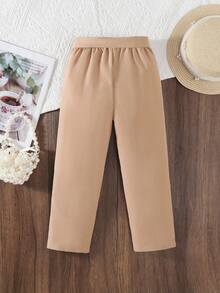SHEIN Beaded Bowknot Waist Casual Young Girls Pants Fall Winter - Khaki - View 2