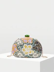 MOTF PREMIUM 花卉贴片锁扣手拿包 - 墨綠色 - 查看 5