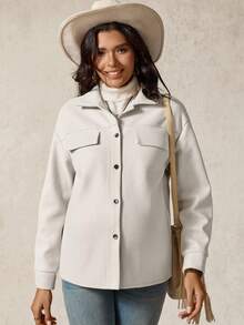 Boho Mama Maternity Solid Color Drop Shoulder Long Sleeve Single-Breasted Casual Regular Jacket - Apricot - View 6