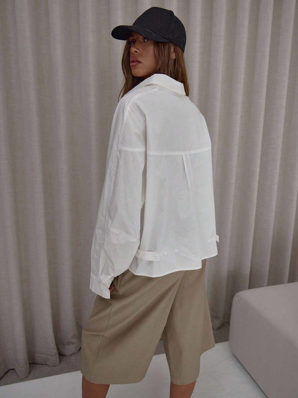 Oversized Cotton Poplin Cinched Hem Balloon Sleeve Shirt