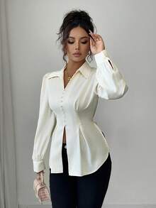 Elenzga Women's Elegant Satin V-Neck Shirt With Button Front, High-End Design Waist Cinching, Bowknot Back, Long Sleeve, Suitable For Work And Commute In Autumn - Apricot - View 3