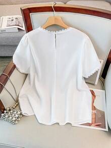 GlowEve CURVE Women's Elegant Casual Solid Color Lace Patchwork Ruffle Collar Flared Sleeve Blouse - White - View 2