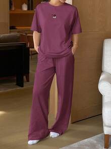 DAZY Cute Cartoon Print Raglan Sleeve Loose Pajama Set - Red Violet - View 5