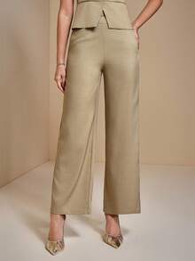 JIAN LASALA Mid-Waist Straight Leg Solid Woven Casual Pants Women Autumn Casual Wear Fall For Women Going Out Party Pants New Year Wedding Guest Luxury Stylish Collection - Yellow - View 4