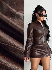 SHEIN SXY 街头风格双面拉链皮夹克 - 棕色 - 查看 3