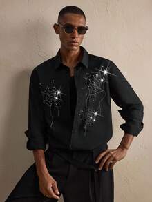 AKNOTIC Men's Halloween Spider Web Rhinestone Decor Black Long Sleeve Casual Shirt, Loose Fit, Boyfriend Gift, Fall