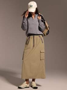 Hanevo Women's Casual Elastic Waist Pockets Long Skirt, Fashionable Street Style - Mocha Brown - View 3