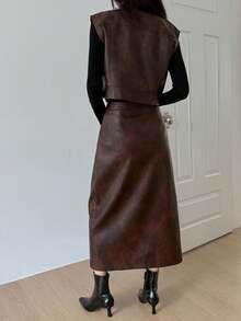 DAZY 女士秋冬PU皮单排扣背心和裙子两件套 - 咖啡棕 - 查看 6