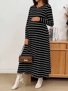 SHEIN 孕妇休闲条纹圆领长袖T恤连衣裙，秋季 - 黑色 - 查看 6