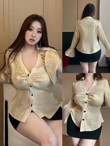 Flirla 大码女式 V 领收腰复古浪漫休闲时尚衬衫，前扣长袖喇叭袖口衬衫，适合日常外出、下午茶、约会、返校季、假期 - 香檳色 - 查看 1