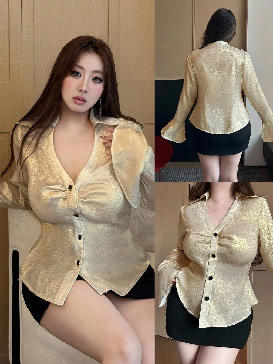 Flirla 大码女式 V 领收腰复古浪漫休闲时尚衬衫，前扣长袖喇叭袖口衬衫，适合日常外出、下午茶、约会、返校季、假期 - 香檳色 - 查看 1