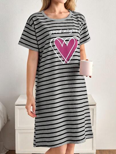 EURM Katoenen Women Round Neck Colour Gestreepte Heart Printed Short Sleeved Pajama Dress view 6