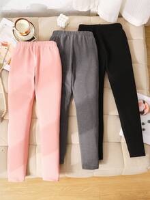 SHEIN 3 件 Tween 女童百搭休闲保暖内衬罗纹仿皮贴片字母打底裤套装，黑色/灰色/粉色，舒适基本百搭打底裤 3 件套 - 彩色 - 查看 2