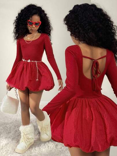 Coolane Tween Girls Fall/Winter Solid Color Crew Neck Long Sleeve Mini Dress,Christmas Dress,Fall Dresses , Wedding Guest Dress,Back To School,Family Matching Outfits,Chic,Y2K,,Cute,Christmas,Birthday Girls Outfits,New Years,Prom Dress