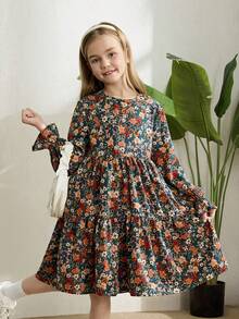 SHEIN Tween Girl Dusty Floral Print Flounce Sleeve Ruffle Hem Dress - Multicolor - View 4