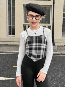 SHEIN Tween Girl Houndstooth Asymmetric Hem Camisole