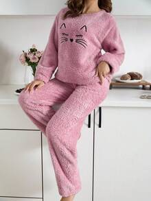 EURMUSE 2件套毛绒可爱猫脸刺绣睡衣套装 - 藕粉色 - 查看 6