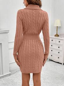 EMERY ROSE Elegant Women's Autumn Cable Pattern Long Sleeve Fitted Knit Dress - Coral Orange - View 2