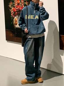 DAZY Men's Letter Embroidery Washed Blue Half-Zip Pullover Sweatshirt, Autumn - Blue - View 6