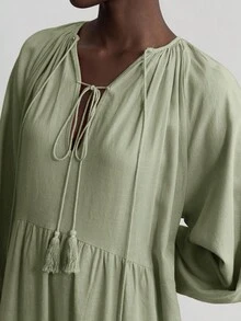 Ontre 2025 秋季女装纯色流苏领口灯笼袖休闲长裙，优雅连衣裙，适合度假、海滩、音乐节、万圣节、圣诞派对、乡村音乐会 - 綠色 - 查看 4