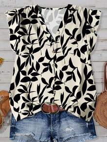 SHEIN LUNE Women's Apricot Leaf & Floral Print Casual Blouse, Suitable For Summer,Fall Clothes For Women Floral Print Blouses,Business Casual Woman Chic Blouses For Women - Multicolor - View 1