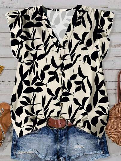 SHEIN LUNE Blusa casual de mujer con estampado de hojas de albaricoque y flores, adecuada para el verano