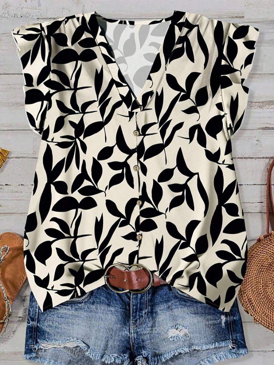 SHEIN LUNE Women's Apricot Leaf & Floral Print Casual Blouse, Suitable For Summer,Fall Clothes For Women Floral Print Blouses,Business Casual Woman Chic Blouses For Women - Multicolor - View 1