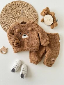 Newborn Baby Girl Cute Fluffy Cartoon Pattern Long Sleeve Sweatshirt Set, Autumn/Winter Fall - Brown - View 8