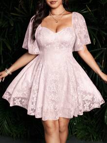 Flirla 大码花卉纹理短袖优雅连衣裙 - 粉色 - 查看 5