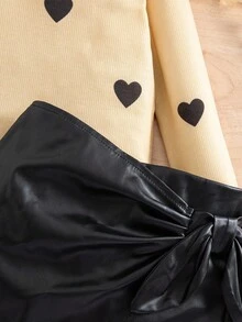 SHEIN Babygirl 可爱休闲针织长袖上衣和黑色 PU 皮革迷你裙套装 - 彩色 - 查看 8