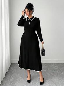 Elenzga Plus Size Crew Neck Long Sleeve Half-Placket Fashionable Elegant Colorblock Knit Dress