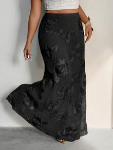 Firerie 大码女式花卉提花松紧腰鱼尾下摆优雅半身裙 - 黑色 - 查看 4