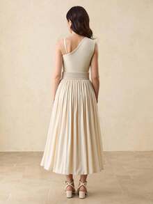 Teen Girls Elegant Minimalist Fashion Graceful Elegant Waist Cinched Mid-Length Solid Color Satin Glossy High-End Pleated Long Dress, Champagne Color, Suitable For Graduation, Prom, Christmas, Halloween - Apricot - View 2