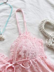 Soleia Women's Vacation Romantic Pink Lace Texture Ruffle Strap Camisole, Casual For Date, Afternoon Tea, Wedding Season, Beach, Cruise, City Trip, Party, Boho Vacation Pink Babydoll Top Pink Top Pink Lace Top Cute Tops Pink Top Pink Summer Top Summer Cute Tops