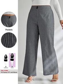 SHEIN Tall CURVE 大码女式纽扣设计宽腿宽松休闲裤 - 深灰色 - 查看 1