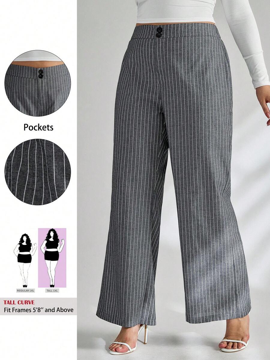 SHEIN Tall CURVE 大码女式纽扣设计宽腿宽松休闲裤 - 深灰色 - 查看 1