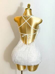 Mistrie Vestido sexy con cuello en U, espalda descubierta y detalle de lazo, de felpa larga para mujer - Perfecto para citas, fiestas, festivales de música y vida nocturna