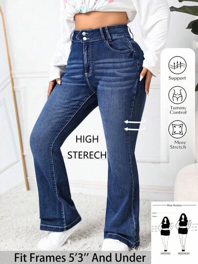 SHEIN PETITE CURVE Plus Size Women Blue Denim Flare Jeans
