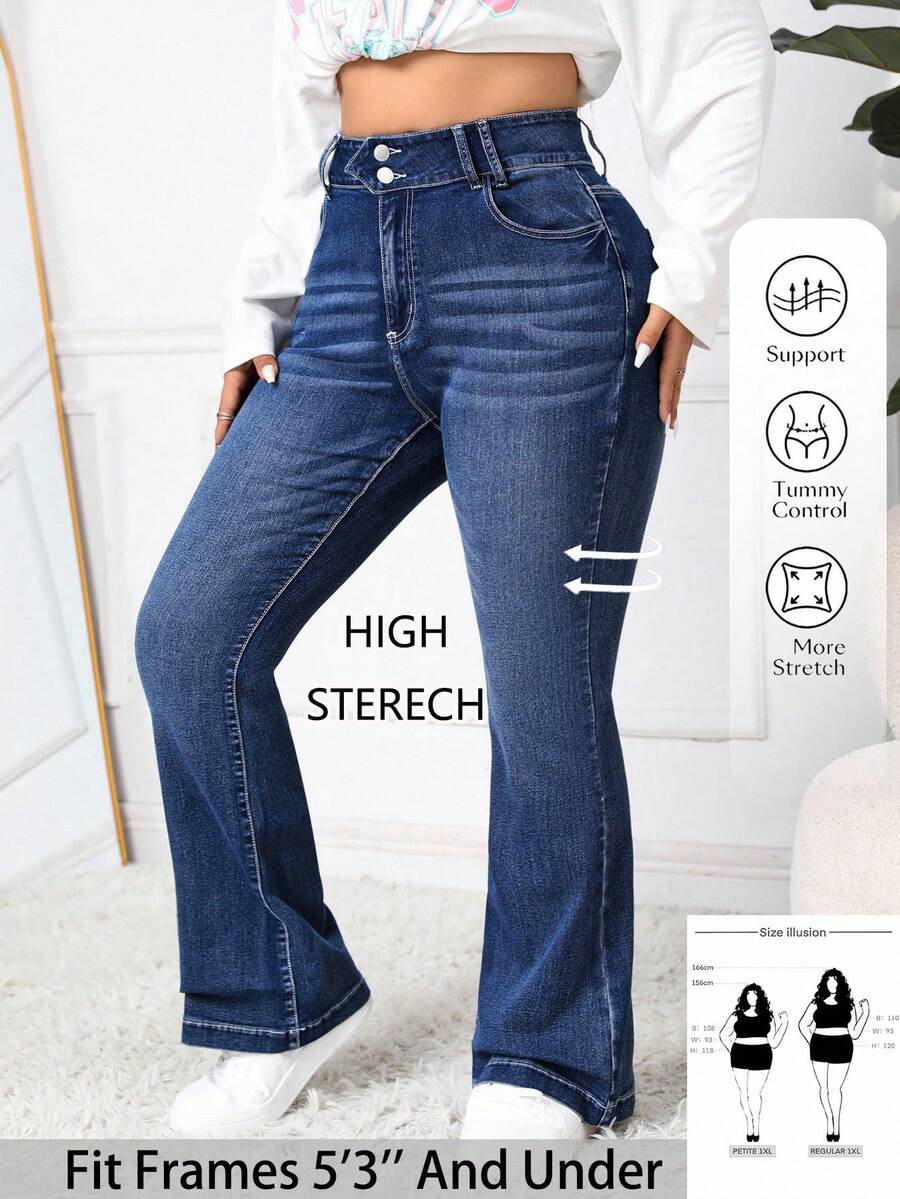 SHEIN PETITE CURVE Plus Size Women Blue Denim Flare Jeans - Dark Wash - View 1