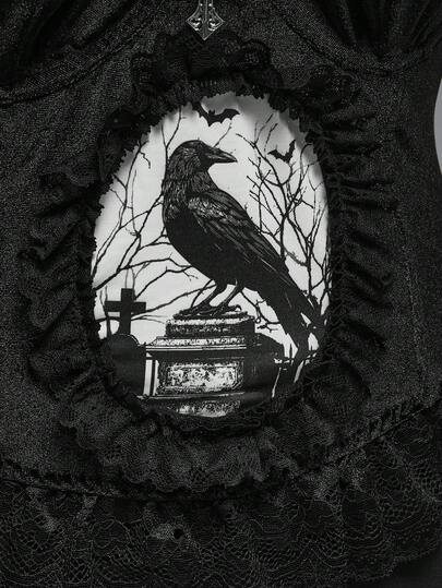 EDITION Plus Size Women Gothic Dark Castle Raven Bare Branch Print Lace Patchwork Bat Collar Flocked Camisole