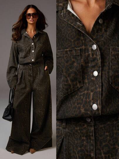 Athîral 女式长袖纽扣半襟休闲口袋阔腿宽松牛仔连体裤女式连体裤女式长袖连体裤女式阔腿连体裤女式连体裤豹纹连体裤