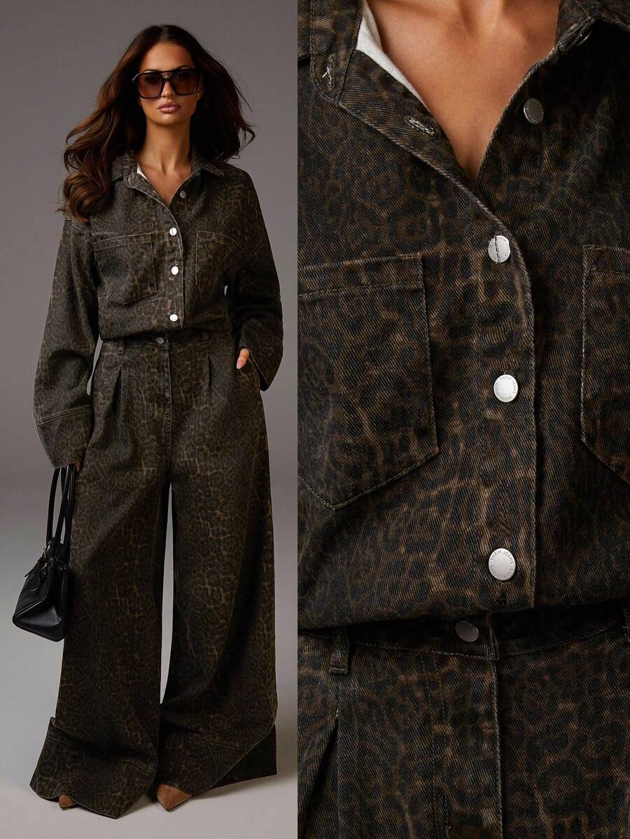 Athîral 女式长袖纽扣半襟休闲口袋阔腿宽松牛仔连体裤女式连体裤女式长袖连体裤女式阔腿连体裤女式连体裤豹纹连体裤 - 彩色 - 查看 1