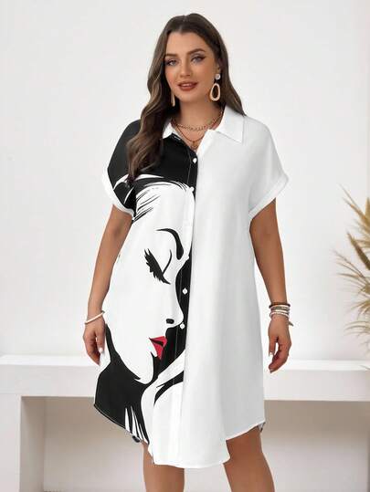 EMERY ROSE Portrait Red Lips & Side View Button Down Collar Short Sleeve Colorblock Plus Size Shirt Dress, For Summer,Spring/Vacation
