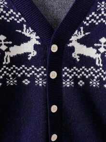 男童时尚海军蓝针织开衫 - 雪花和鹿提花，宽松V领，非常适合圣诞节、秋冬外套 - 藏蓝色 - 查看 6