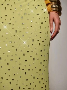 SHEIN BAE 女士优雅水钻装饰半身裙，夏季 - 黃色 - 查看 7