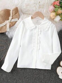 SHEIN Tween Girl Frill Trim Peter Pan Collar Shirt - White - View 4